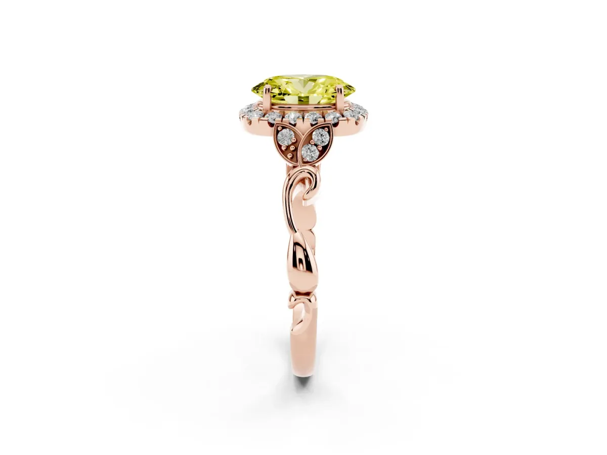 Fancy Yellow Oval Cut Halo Diamond Engagement Ring with Vintage-Inspired Band and Four-Prong Setting Rose gold
