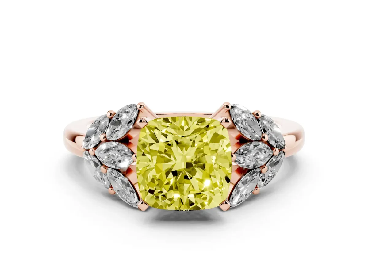 Fancy Yellow Cushion Cut Diamond Cluster Leaf Design Ring with Prong Setting Rose gold
