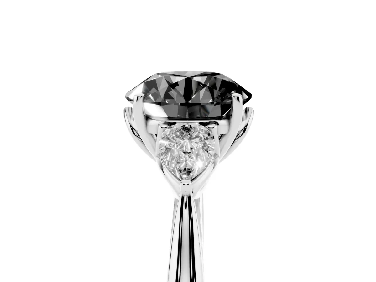 Fancy Black Three-Stone Round Cut Brilliant Diamond Solitaire Ring with Tapered Band and Four-Prong Setting Platinum