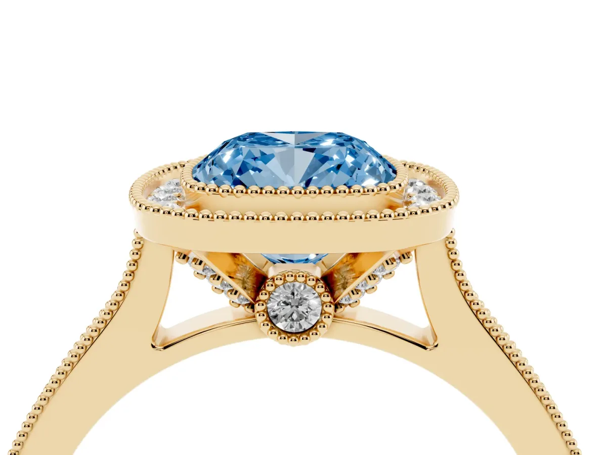 Fancy Blue Halo Cushion Cut-Cut Diamond Pave Band Milgrain Prong Setting Ring Yellow gold