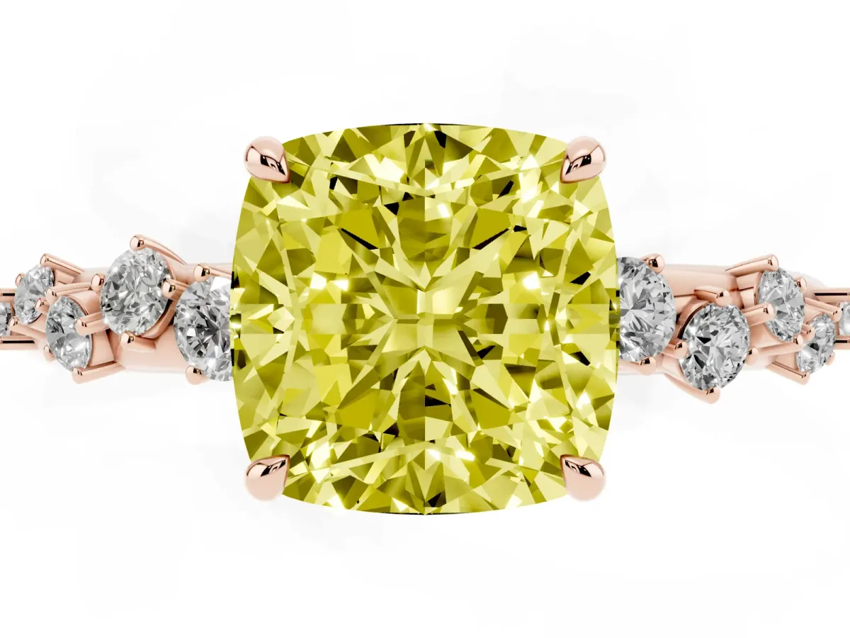 Fancy Yellow Cushion Cut Diamond Cluster Prong-Set Solitaire Ring Rose gold