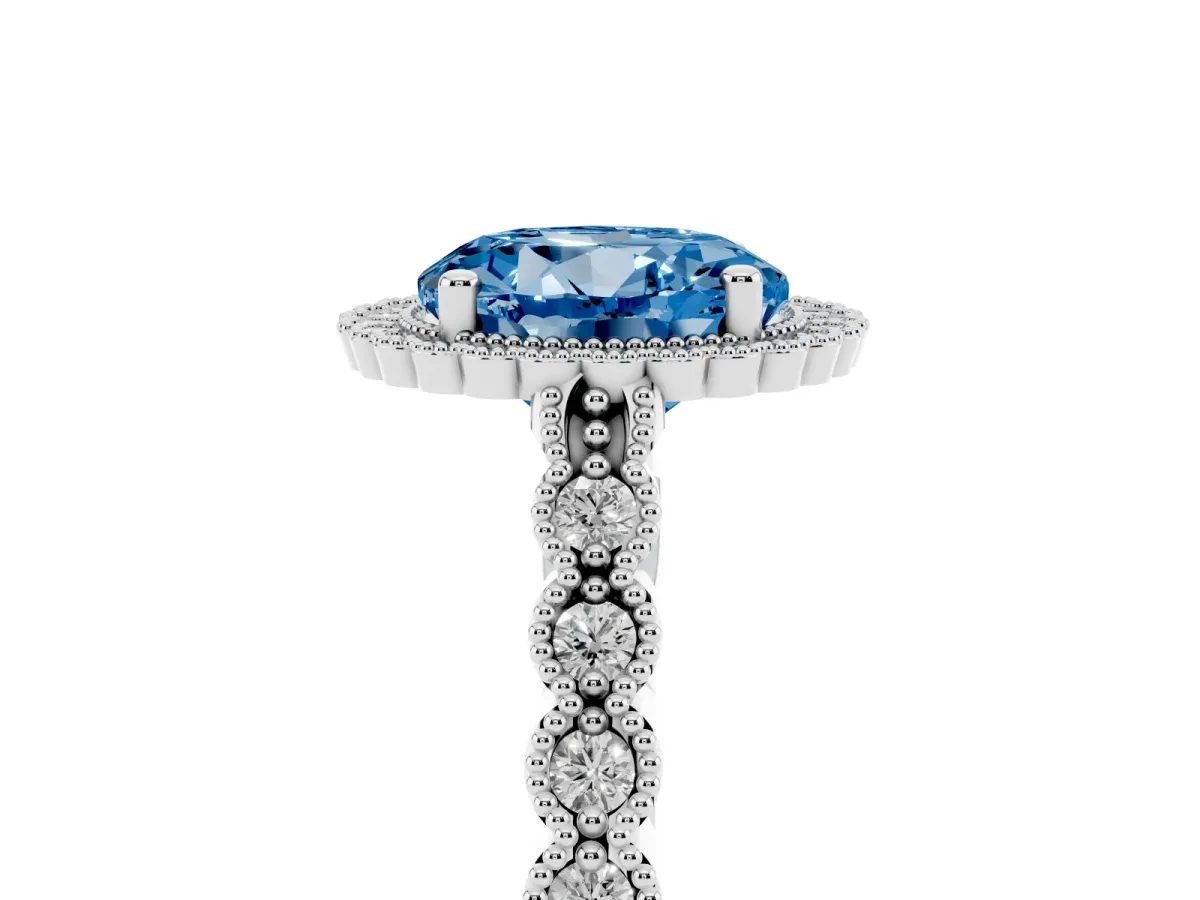 Fancy Blue Round Cut Cut Halo Pavé Solitaire Ring with Milgrain Band Silver