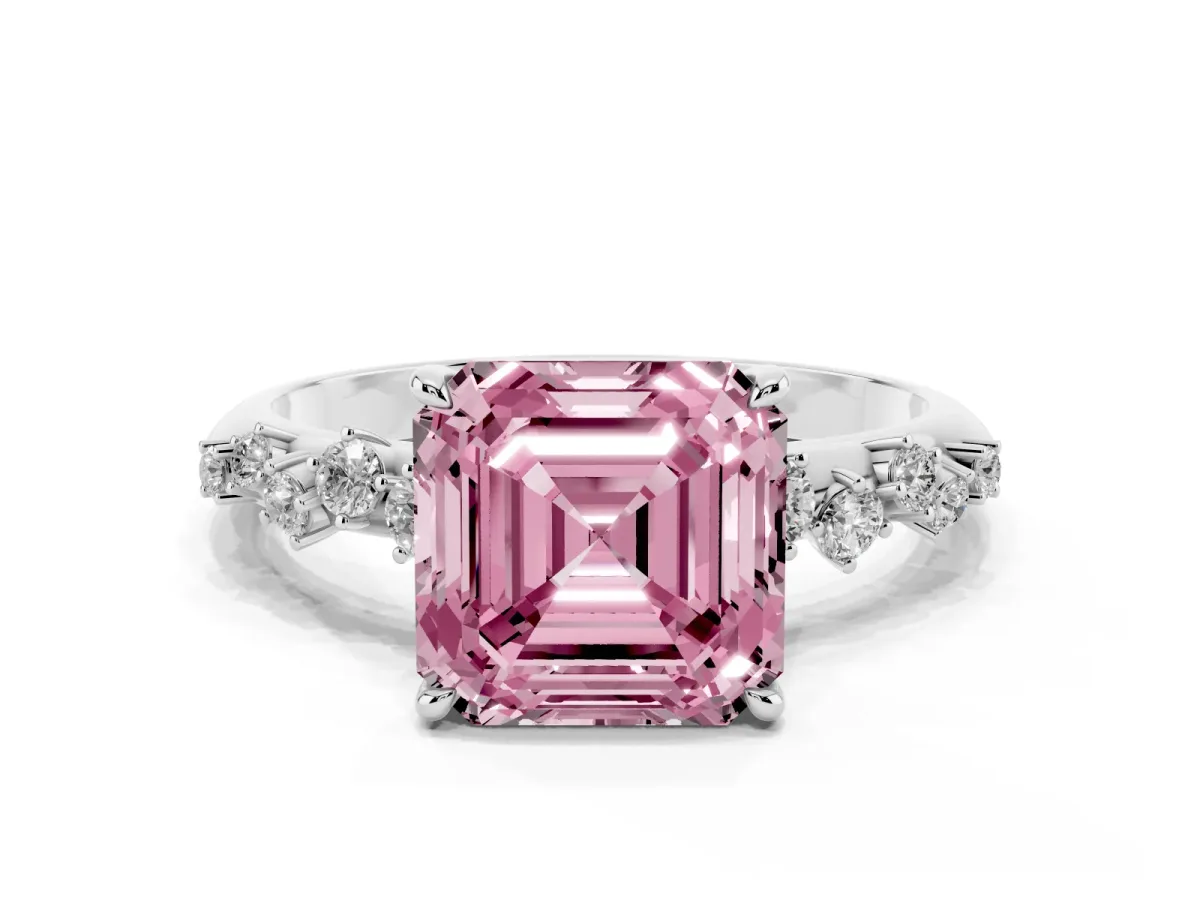 Fancy Pink Asscher Cut Diamond Cluster Side Stone Solitaire Ring with Prong Setting Silver