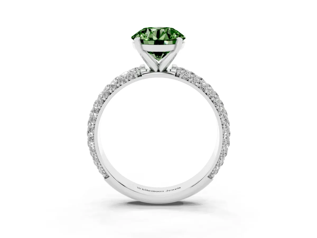 Fancy Green Round Cut Diamond Solitaire Ring with Prong Setting and Pavé Band Platinum