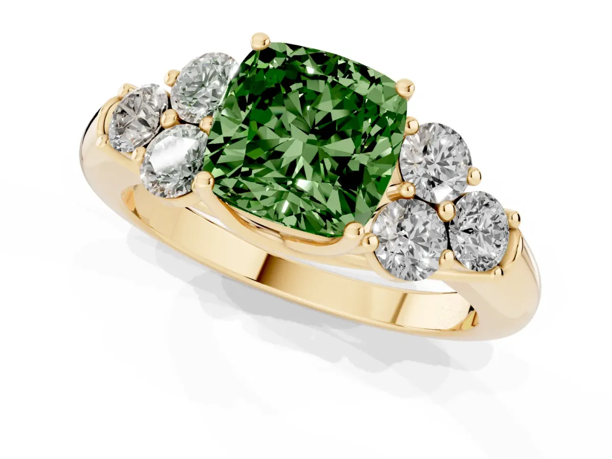 Fancy Green Cushion Cut Cut Diamond Cluster Ring with Round Accent Stones and Prong Setting on a Classic Band Yellow gold