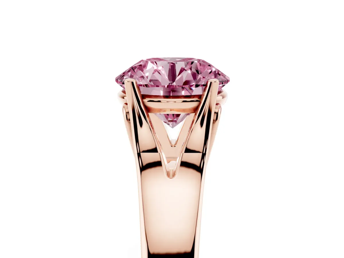 Fancy Pink Round Cut Solitaire Diamond Ring with Cathedral Band and Four-Prong Setting Rose gold