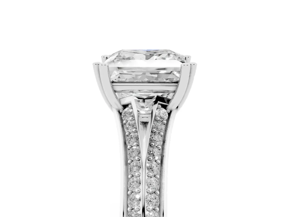 Princess Cut Diamond Split Shank Engagement Ring with Pavé Band White gold