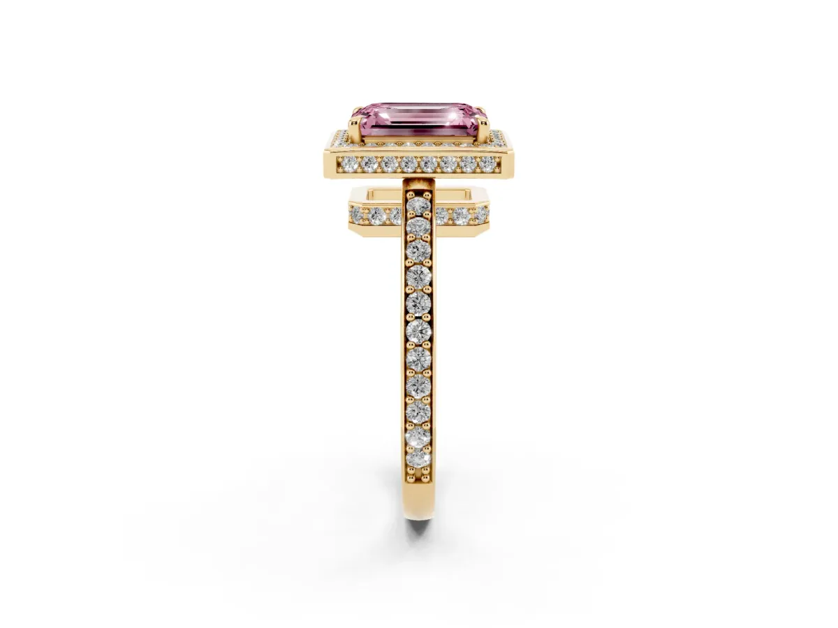 Fancy Pink Emerald Cut Halo Pave Band Solitaire Ring with Prong Setting Yellow gold