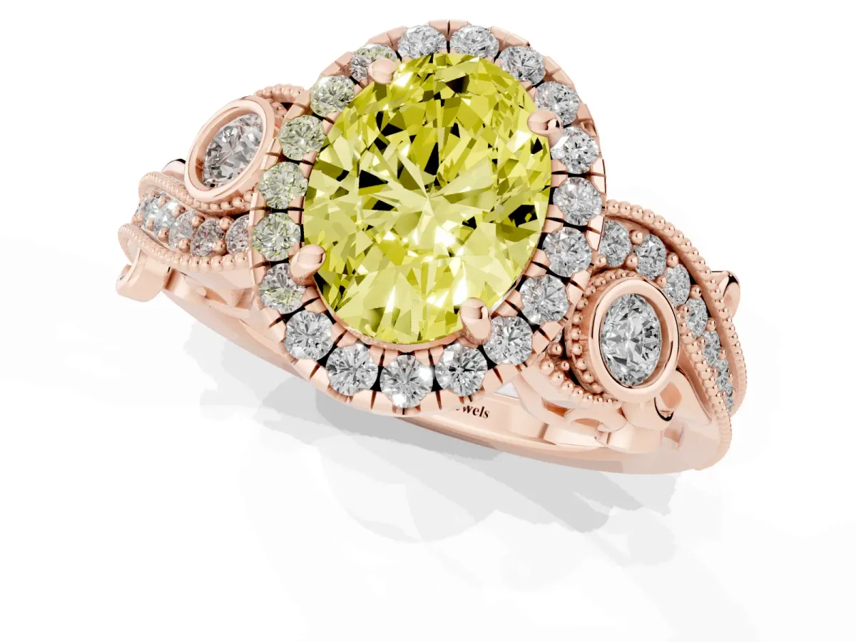 Fancy Yellow Oval Cut Diamond Halo Ring with Milgrain Pavé Band and Four-Prong Setting Rose gold