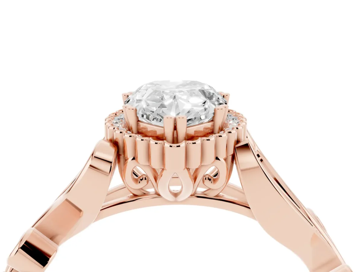 Pear Cut Diamond Halo Ring with Vintage Split Shank and Four-Prong Setting Rose gold