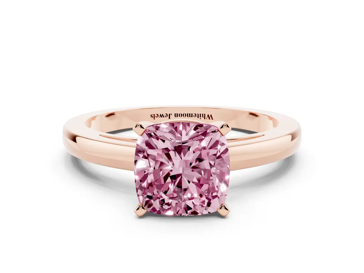 Fancy Pink Cushion Cut Solitaire Diamond Engagement Ring with Four-Prong Setting on a Classic Band Rose gold