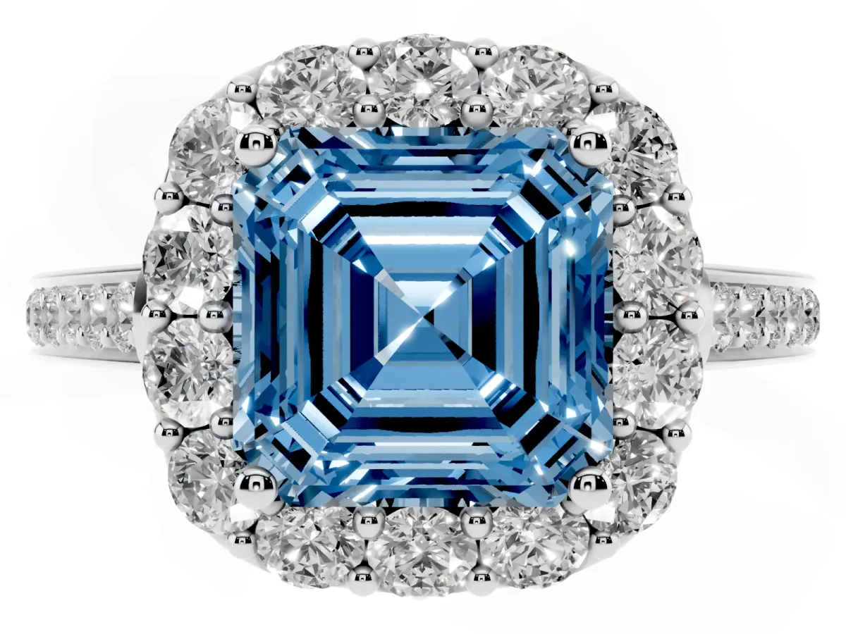 Fancy Blue Asscher Cut Diamond Floral Halo Ring with Pavé Band and Prong Setting White gold