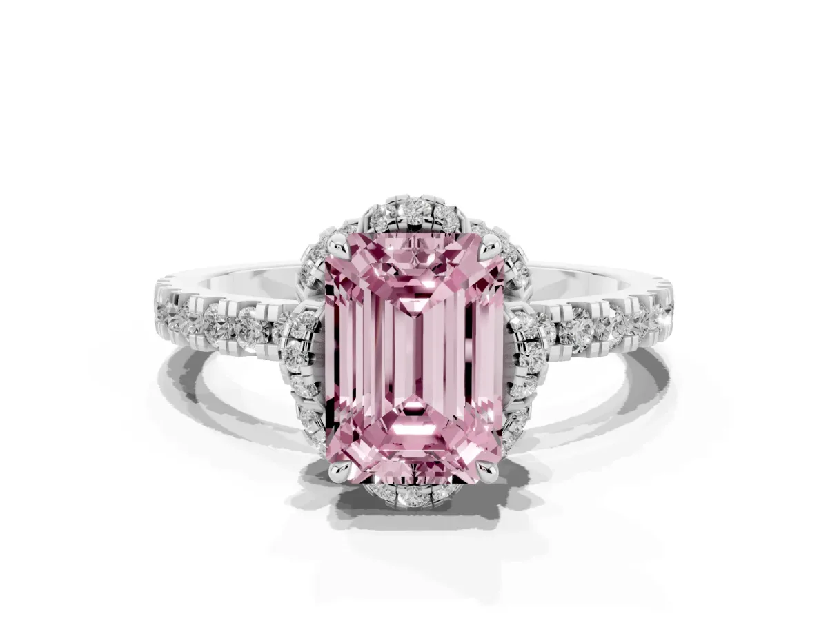 Fancy Pink Emerald Cut Diamond Halo Pave Band with Four-Prong Setting Silver