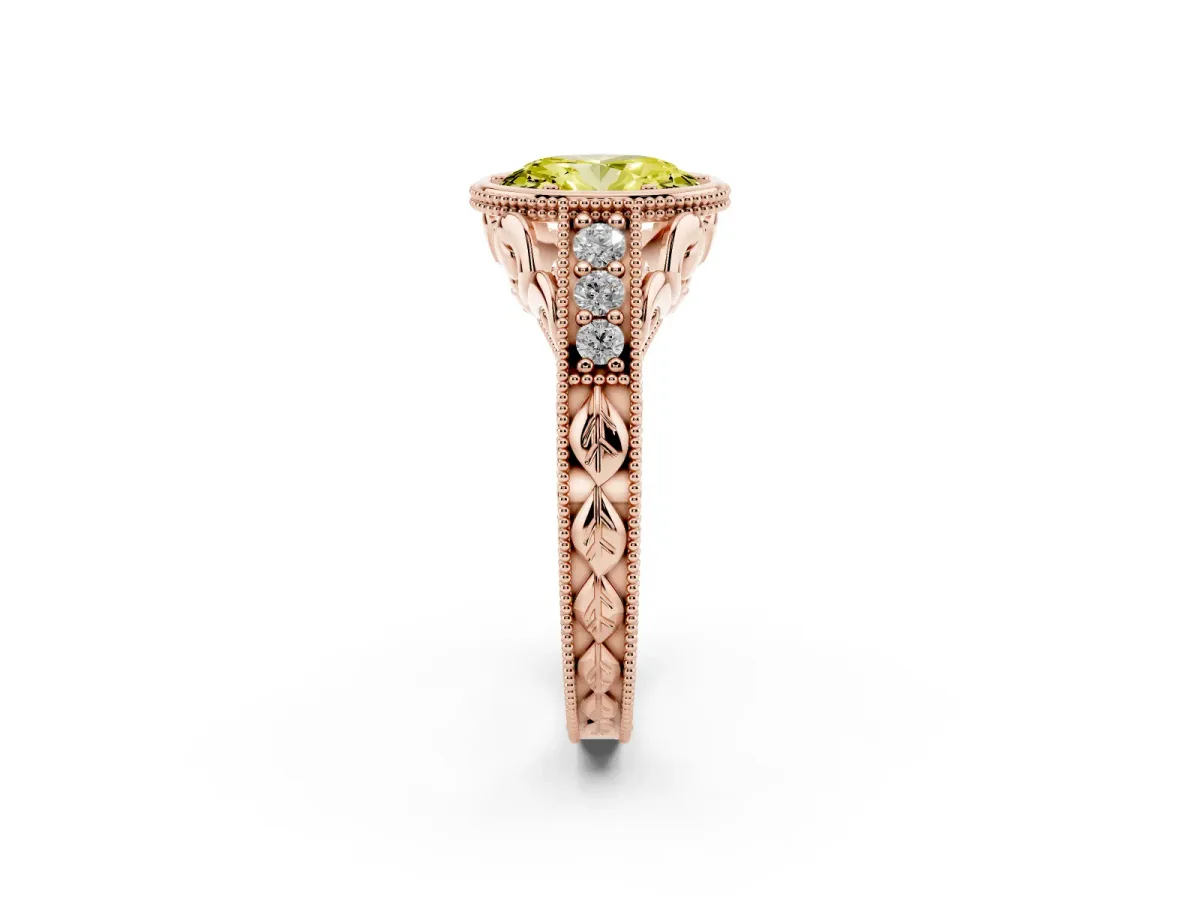 Fancy Yellow Bezel Set Oval Cut Diamond Milgrain Pave Engagement Ring Rose gold