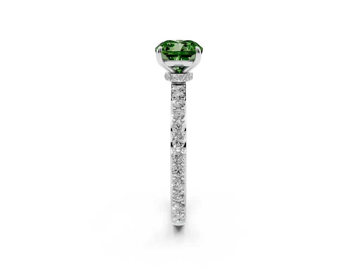 Fancy Green Cushion Cut Diamond Solitaire Engagement Ring with Pavé Band and Four-Prong Setting Silver