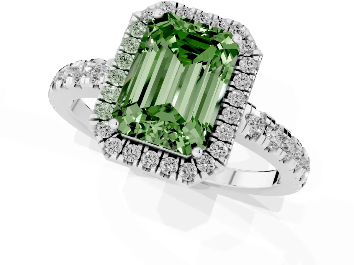Fancy Green Emerald Cut Diamond Halo Ring with Pavé Band and Four-Prong Setting Platinum