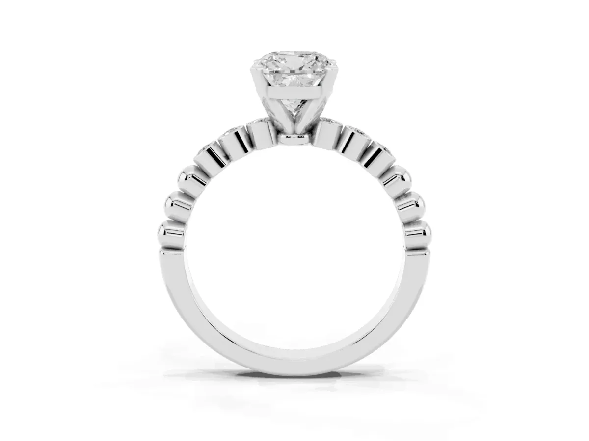 Cushion Cut Solitaire Bezel Accent Diamond Engagement Ring with Beaded Band and Four-Prong Setting Silver
