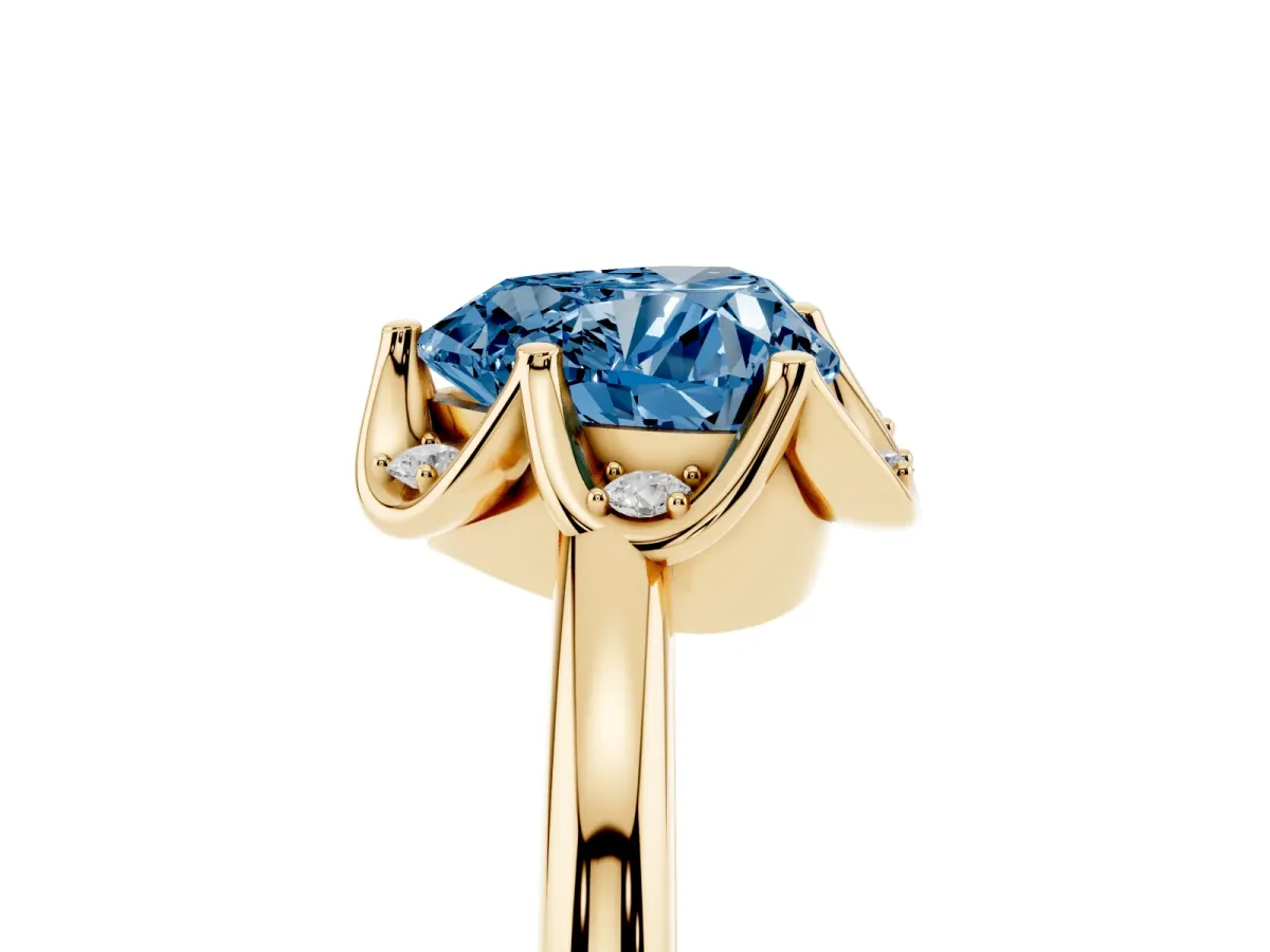 Fancy Blue Heart Cut Halo Diamond Ring with Round Cluster Setting, Solitaire Band, and Four-Prong Setting Yellow gold