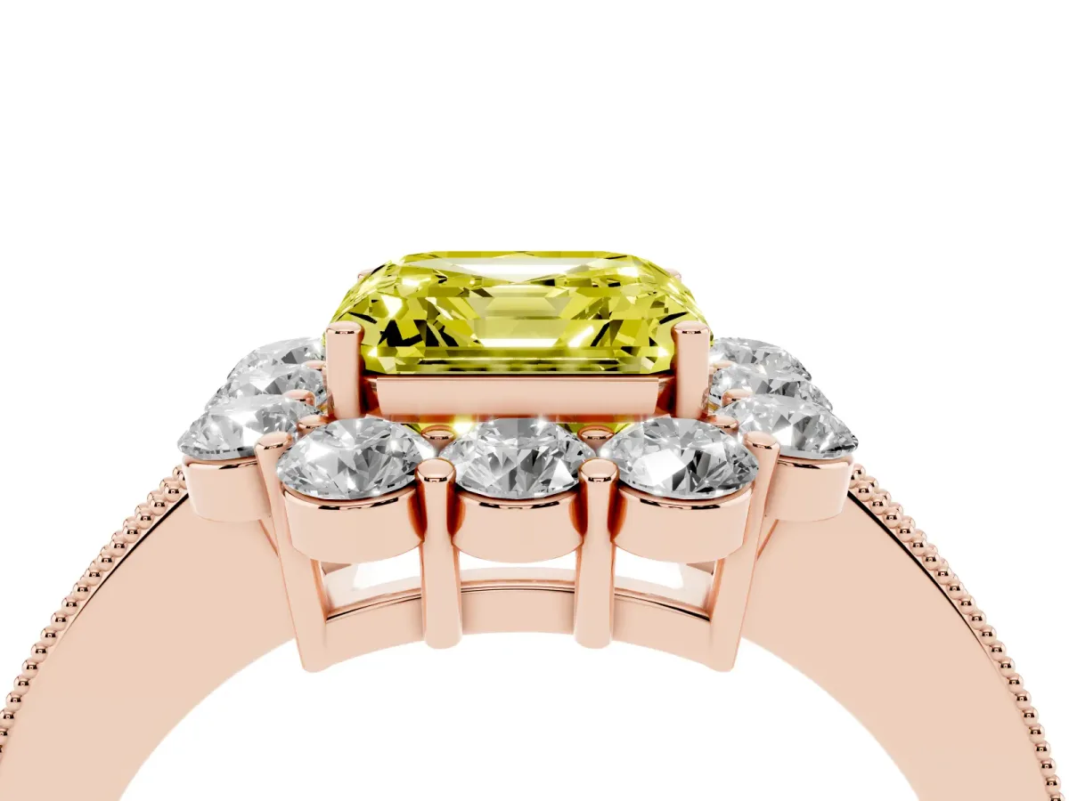Fancy Yellow Asscher Cut Cut Halo Diamond Pavé Engagement Ring with Milgrain Detailing Rose gold