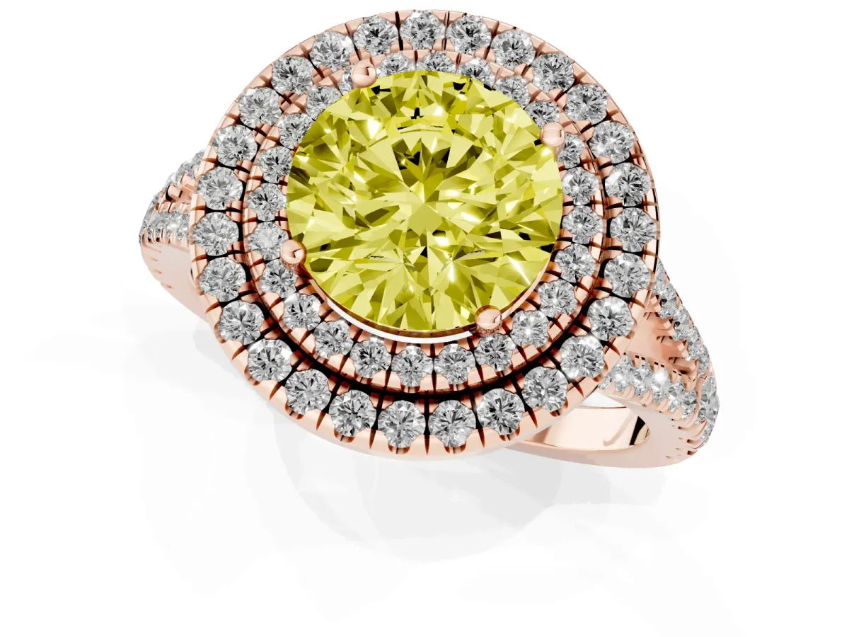 Fancy Yellow Round Cut Diamond Double Halo Ring with Pavé Band and Prong Setting Rose gold