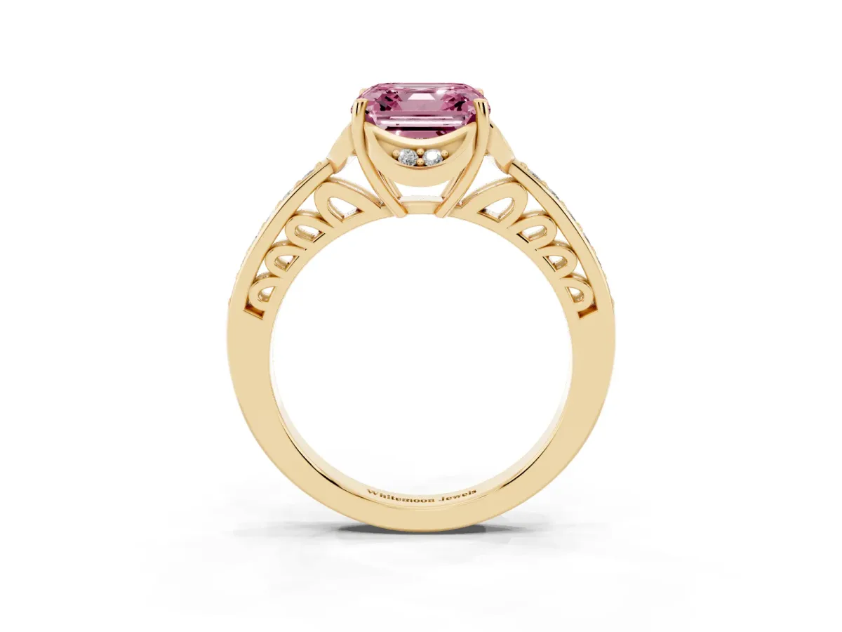 Fancy Pink Asscher Cut Cut Halo Diamond Ring with Channel Set Band and Four-Prong Setting Yellow gold