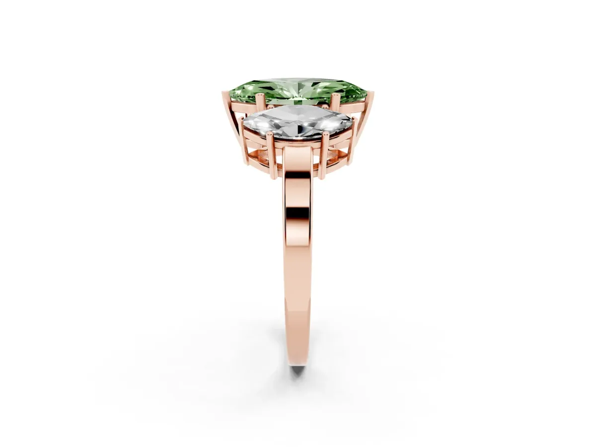 Fancy Green Three-Stone Marquise Cut Cut Diamond Engagement Ring with Flat Band and Four-Prong Setting Rose gold