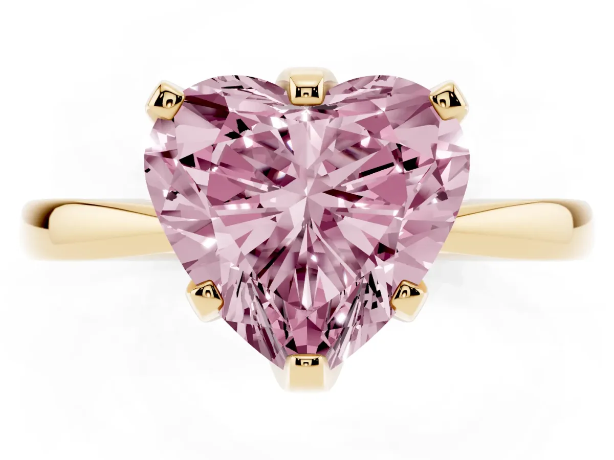 Fancy Pink Heart Cut Solitaire Engagement Ring with Six-Prong Setting and Tapered Band Yellow gold