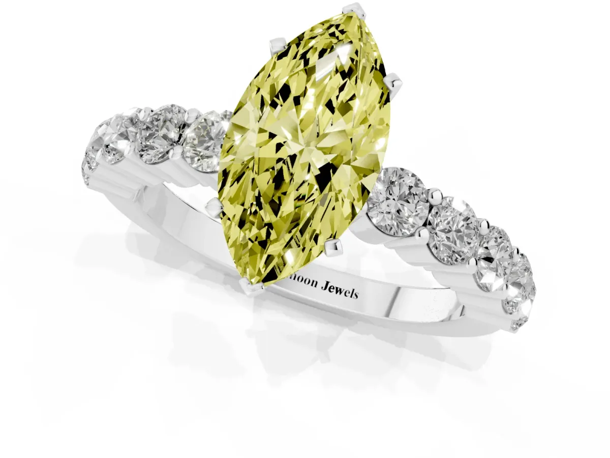 Fancy Yellow Marquise Cut Diamond Solitaire Ring with Shared Prong Round Side Stones Silver