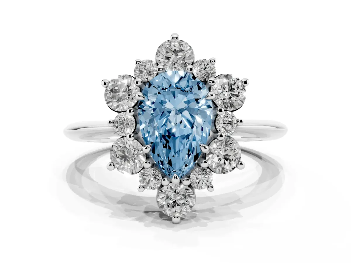 Fancy Blue Pear Cut Diamond Cluster Halo Ring with Solitaire Band and Four-Prong Setting Silver