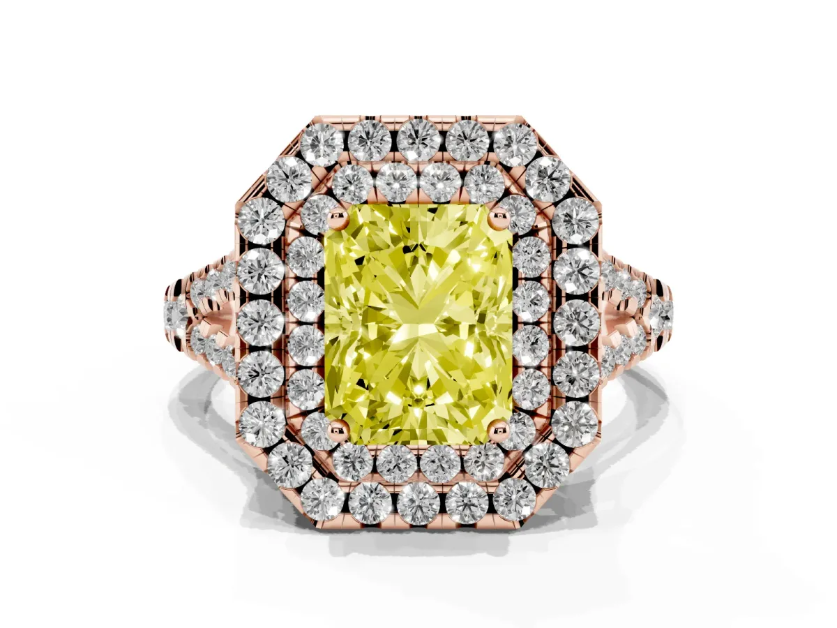 Fancy Yellow Double Halo Radiant Cut Diamond Pavé Split Shank Ring with Prong Setting Rose gold
