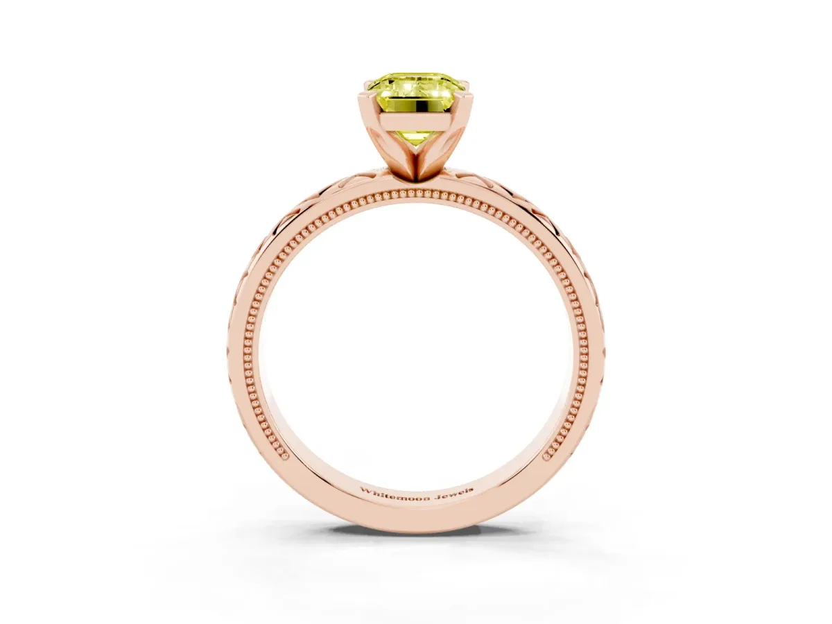 Fancy Yellow Emerald Cut Solitaire Diamond Ring with Milgrain and Black Enamel X Pattern Band Rose gold