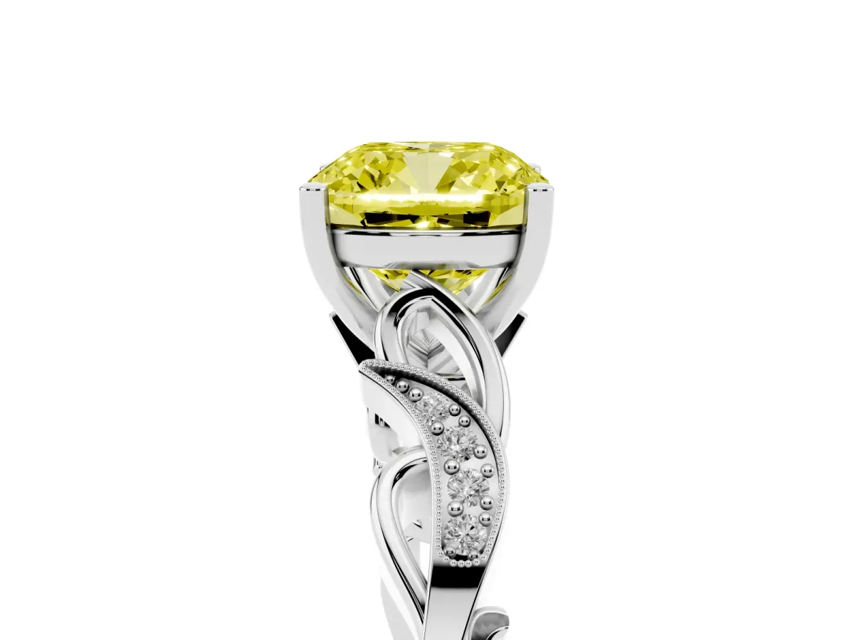 Fancy Yellow Cushion Cut Solitaire Vine Band with Milgrain Prong Setting Silver