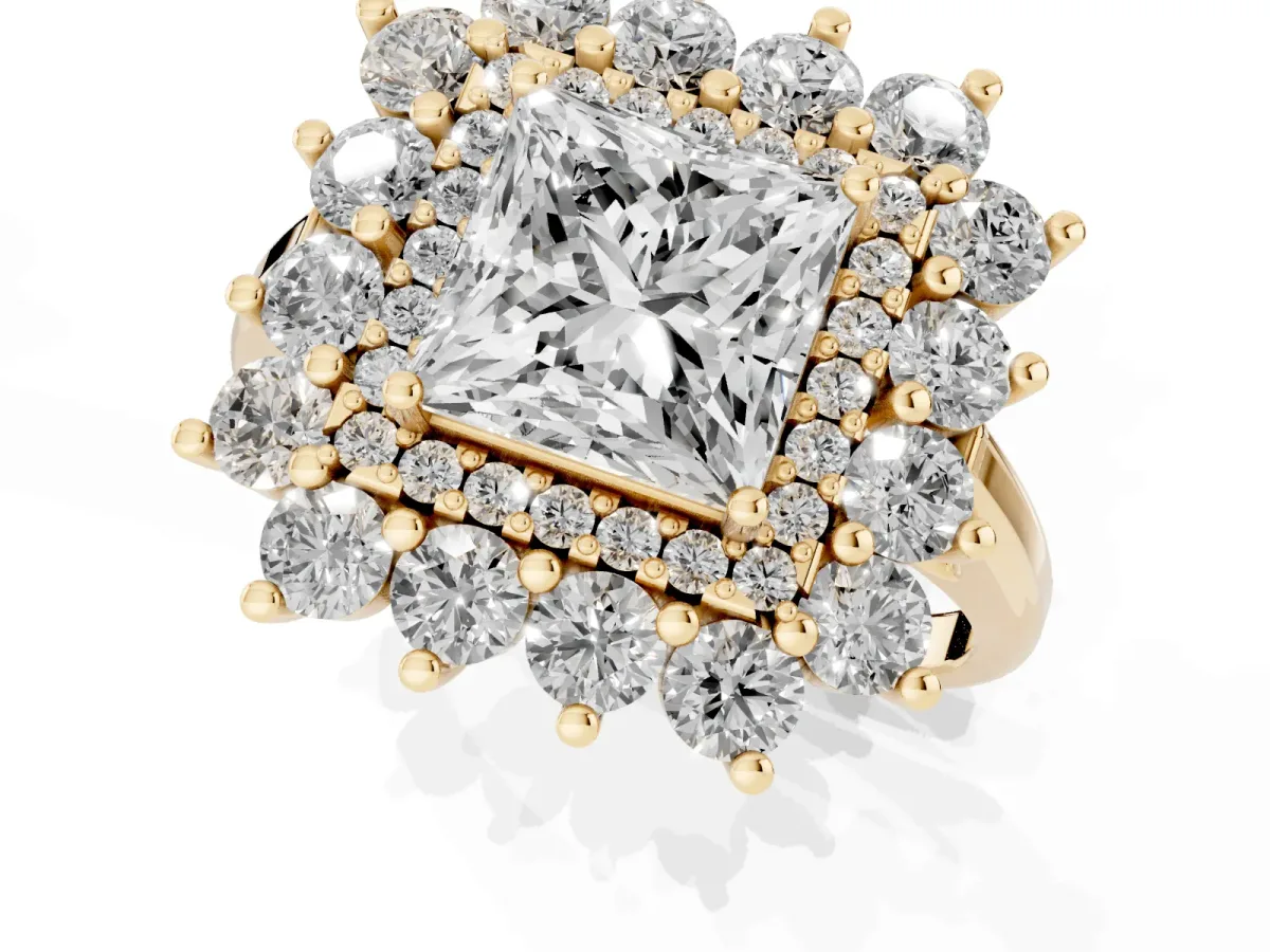 Princess Cut Diamond Floral Double Halo Engagement Ring with Prong Setting Yellow gold