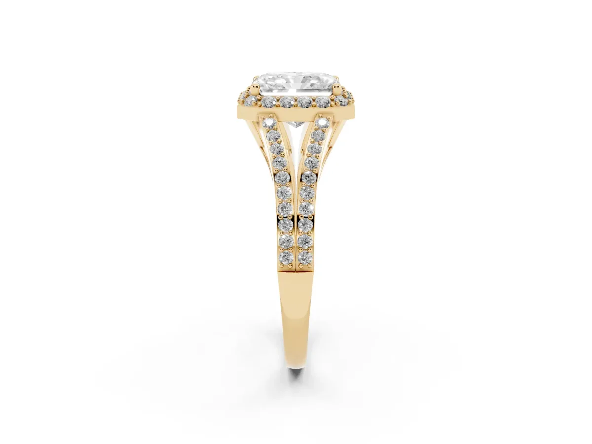 Radiant Cut Halo Split Shank Diamond Ring with Prong Setting Yellow gold