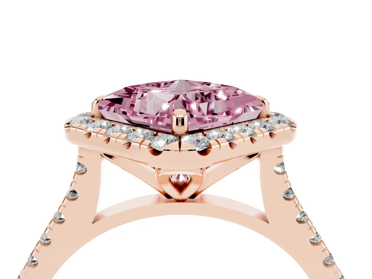 Fancy Pink Princess Cut Diamond Cushion Halo Ring with Pavé Band Rose gold