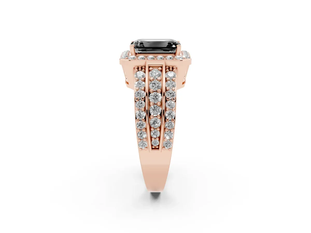 Fancy Black Emerald Cut Halo Diamond Ring with Round Split Shank and Prong Setting Rose gold