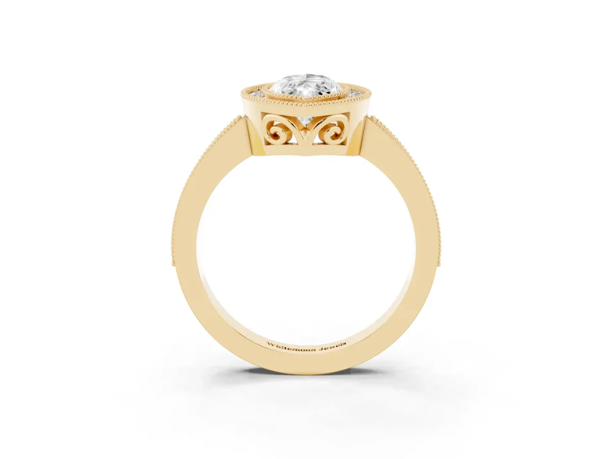 Marquise Cut Cut Halo Diamond Ring with Pavé Band and Milgrain Prong Setting Yellow gold