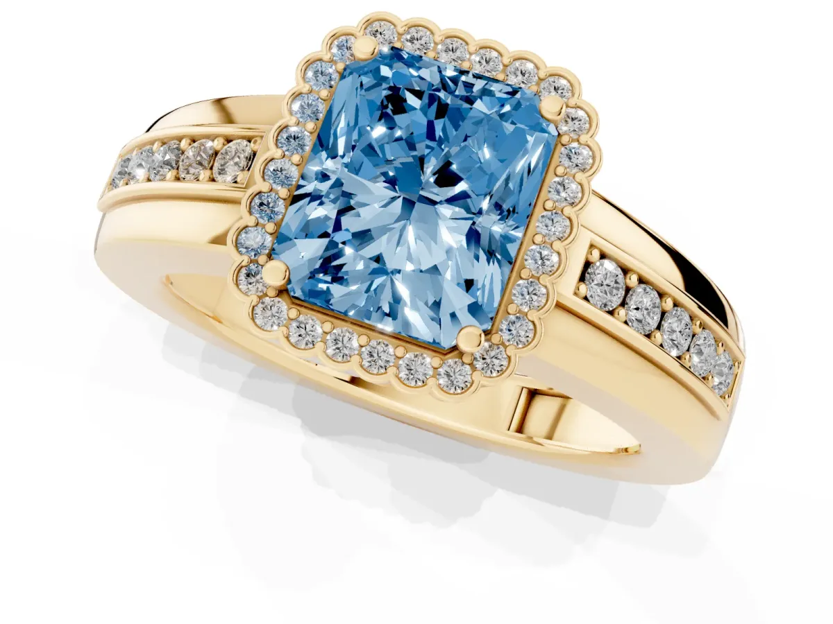 Fancy Blue Radiant Cut Cut Halo Pave Band Four-Prong Ring Yellow gold