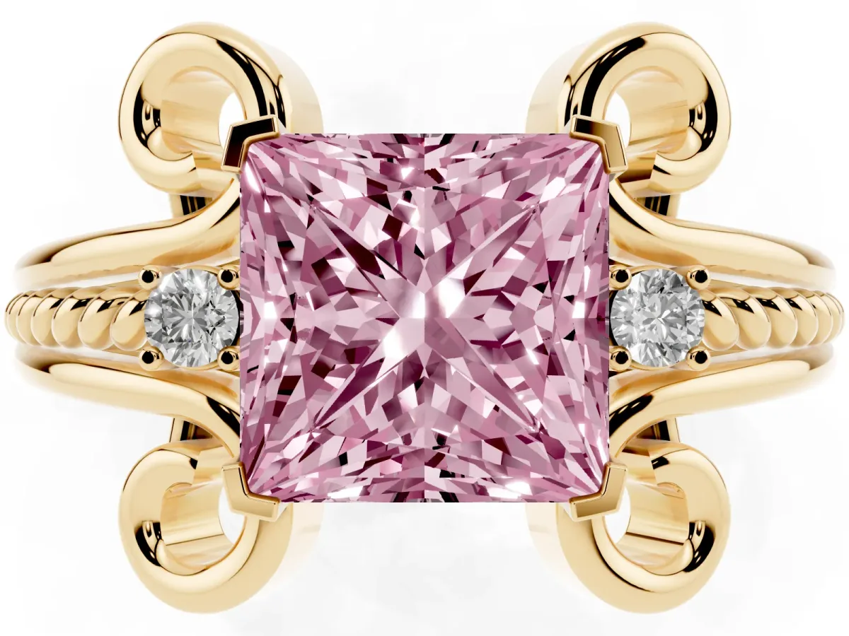 Fancy Pink Princess Cut Solitaire Twisted Band Scroll Prong Ring Yellow gold