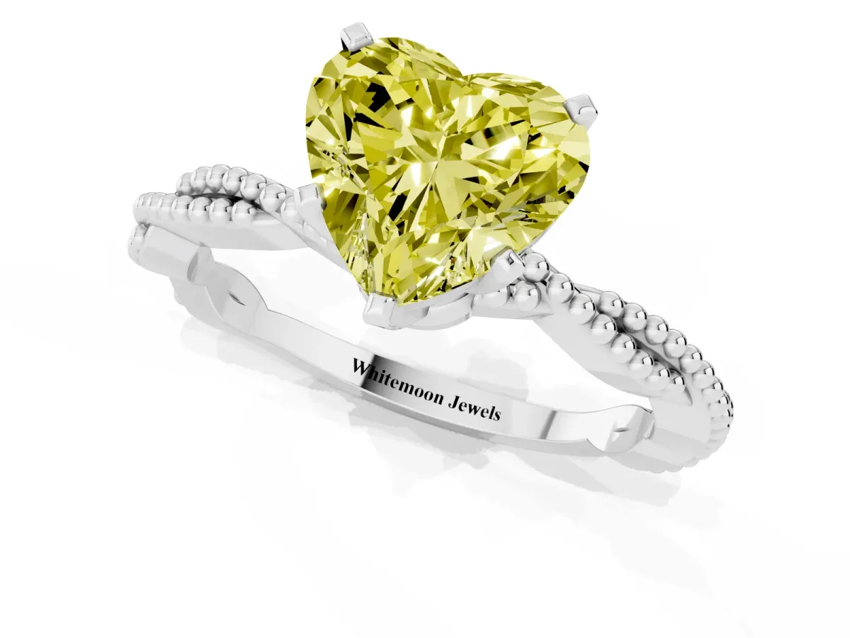 Fancy Yellow Heart Cut Solitaire Twisted Band with Bead Prong Setting Silver