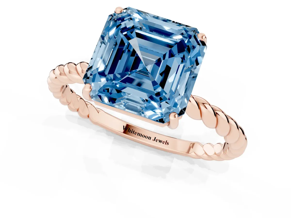 Fancy Blue Asscher Cut Solitaire Twisted Band 4-Prong Ring Rose gold
