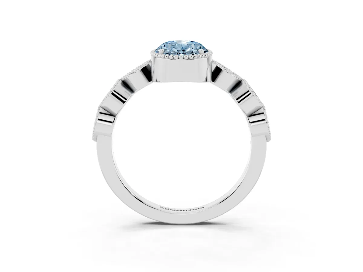 Fancy Blue Oval Cut Diamond Vintage Milgrain Ring with Round Stations Platinum