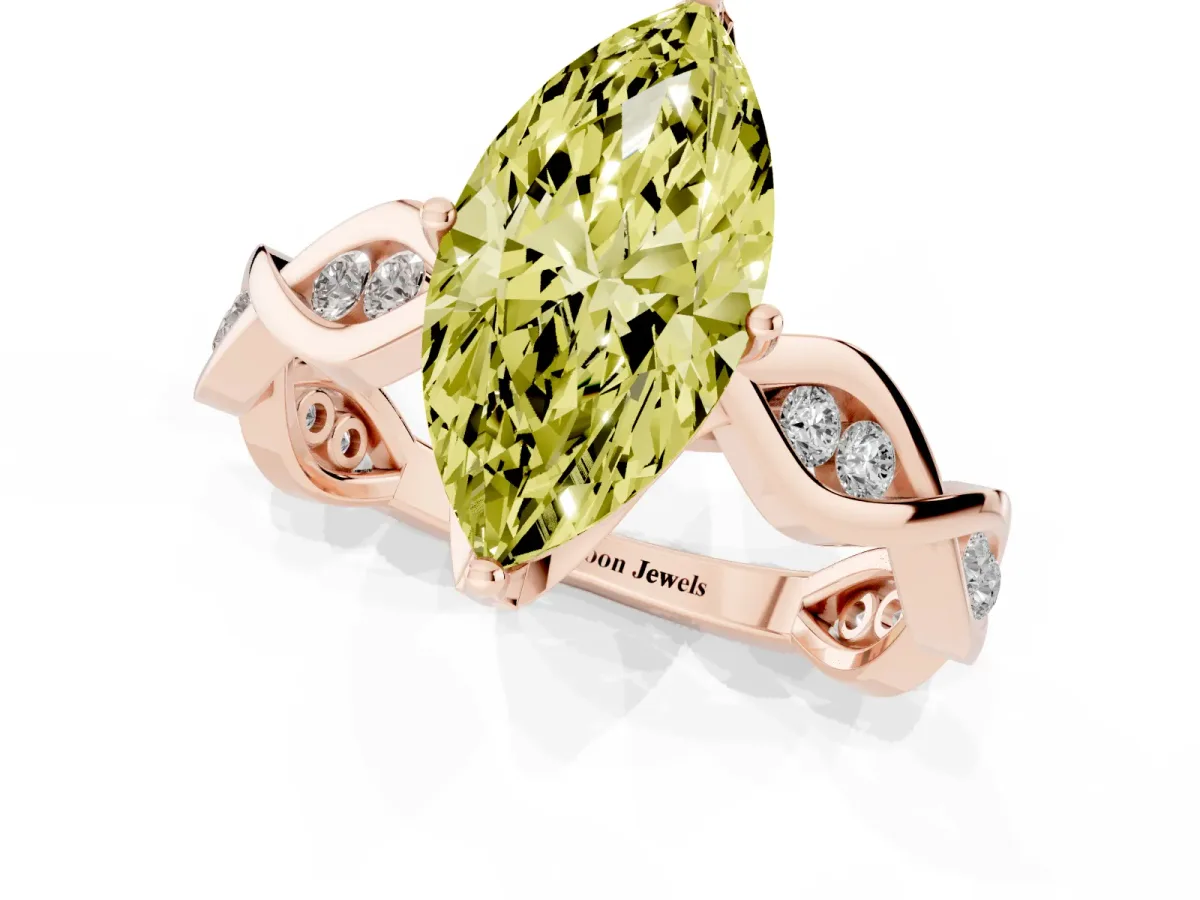 Fancy Yellow Marquise Cut Solitaire Twist Band with Leaf Prong Setting Rose gold