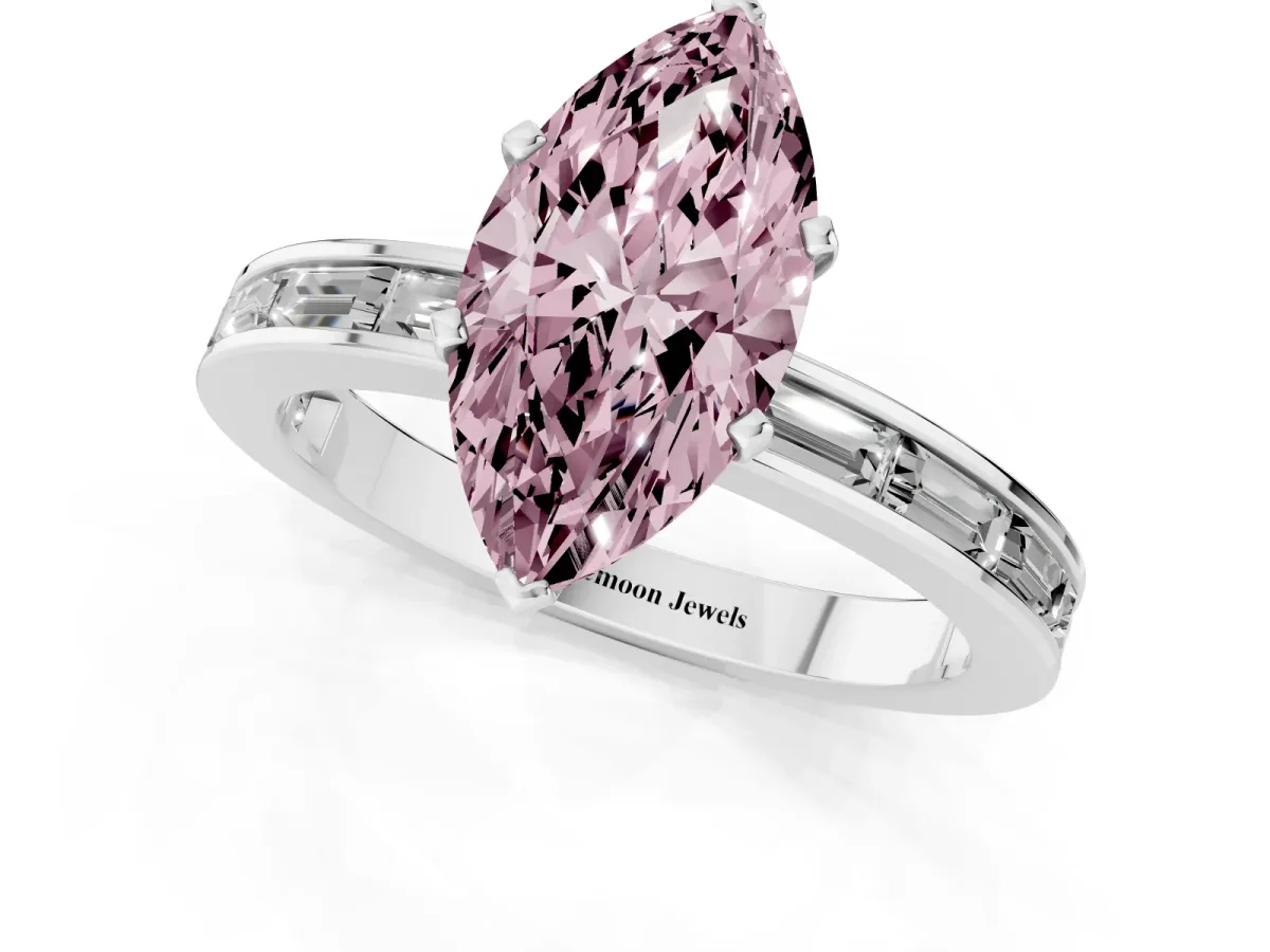 Fancy Pink Marquise Cut Solitaire Diamond Ring with Channel-Set Baguette Band and Four-Prong Setting Silver