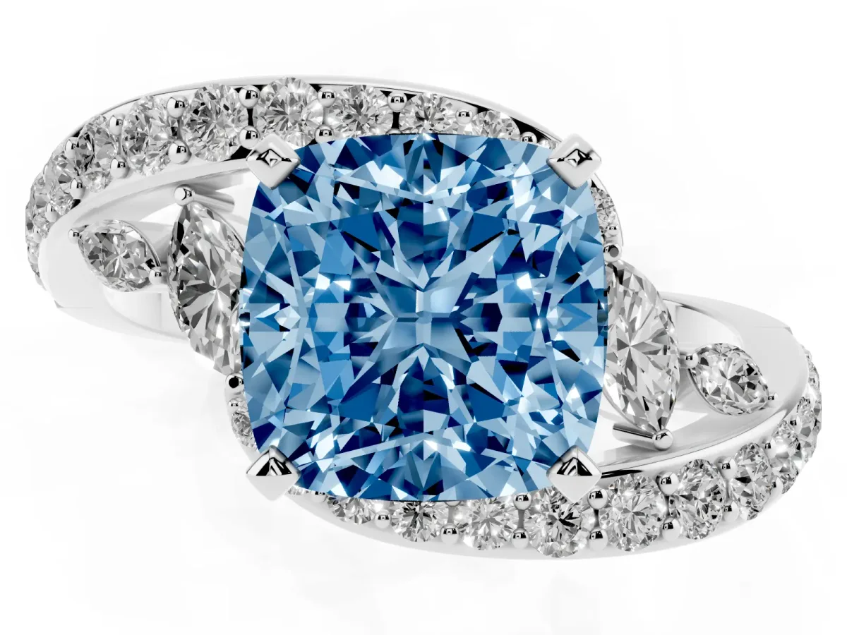 Fancy Blue Cushion Cut Diamond Solitaire Ring with Filigree Band and Four-Prong Setting Silver