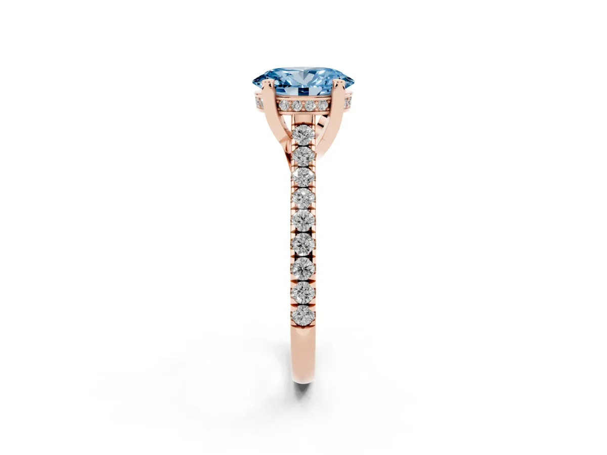 Fancy Blue Oval Cut Brilliant Diamond Solitaire with Pavé Band and Four-Prong Setting Rose gold