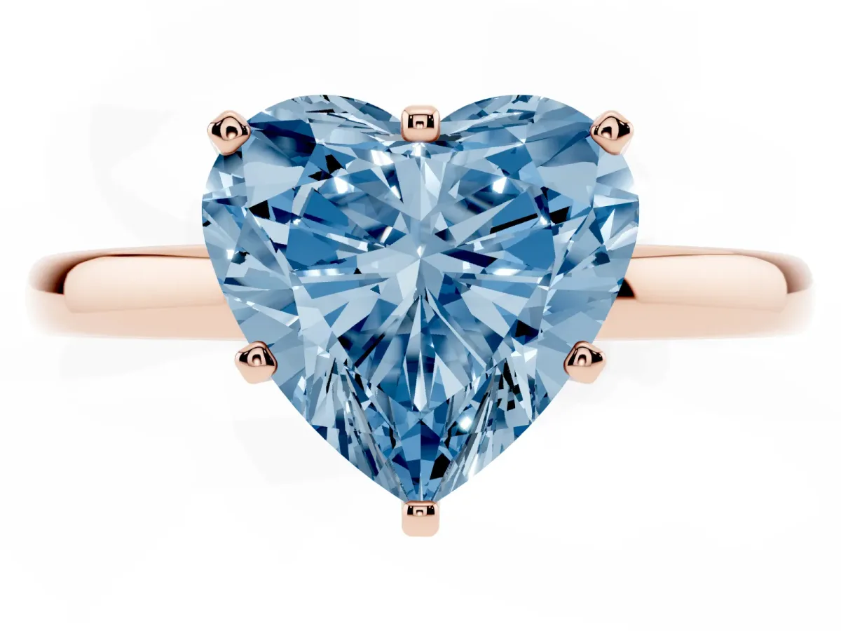 Fancy Blue Heart Cut Solitaire Diamond Ring with Six-Prong Setting on a Classic Band Rose gold