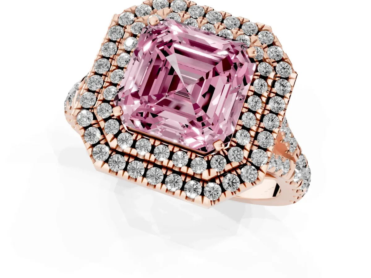 Fancy Pink Asscher Cut Diamond Pavé Split Shank Double Halo Engagement Ring Rose gold