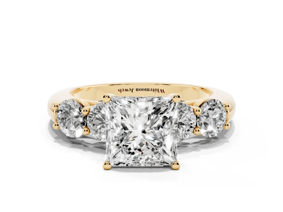 Princess Cut Cut Five-Stone Prong Set Diamond Ring with Classic Band Yellow gold