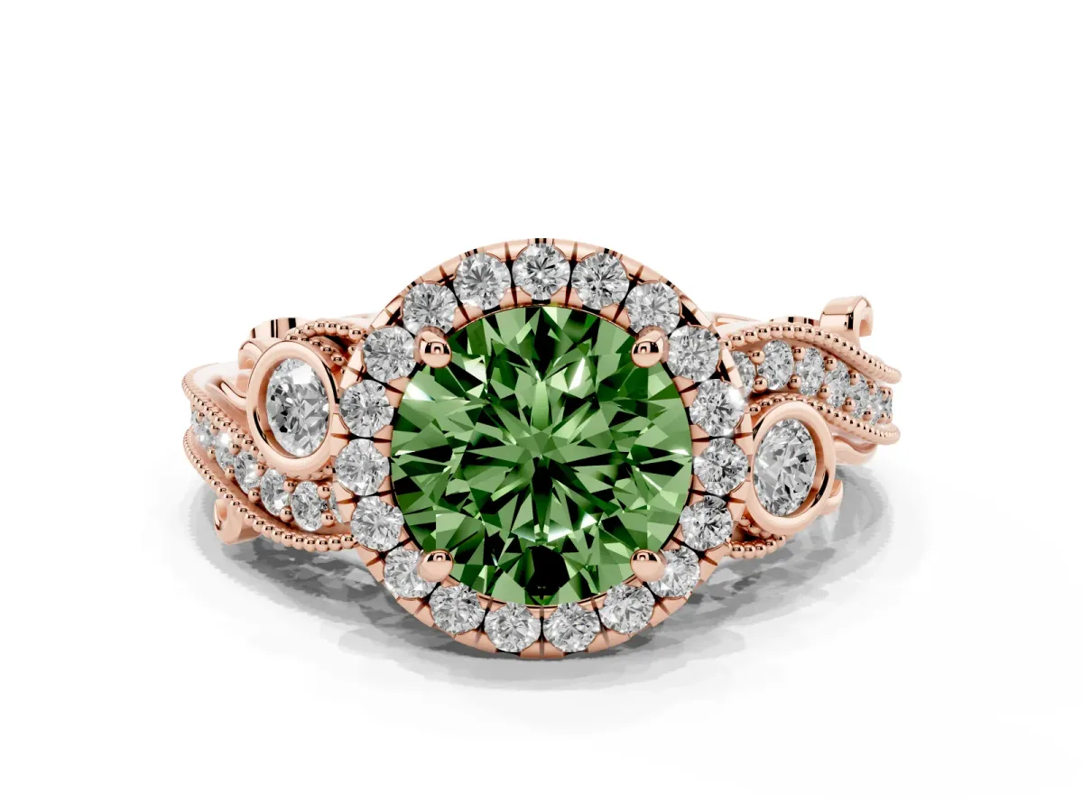 Fancy Green Round Cut Halo Diamond Ring with Milgrain and Bezel Accents on a Split Shank Band Rose gold